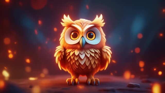 Cute Fire Owl Chibi Character Glowing in Dark Mystical Setting