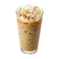 Chilled iced latte with ice cubes glowing against a pristine white background for refreshing moments