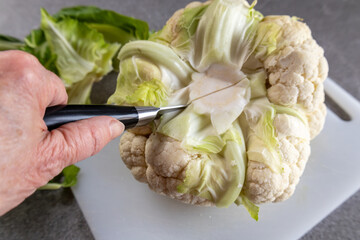 Fresh cauliflower being cut on white cutting board