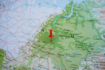 View of Tobolsk, is a town in Tyumen Oblast, Russia, marked with red push pin