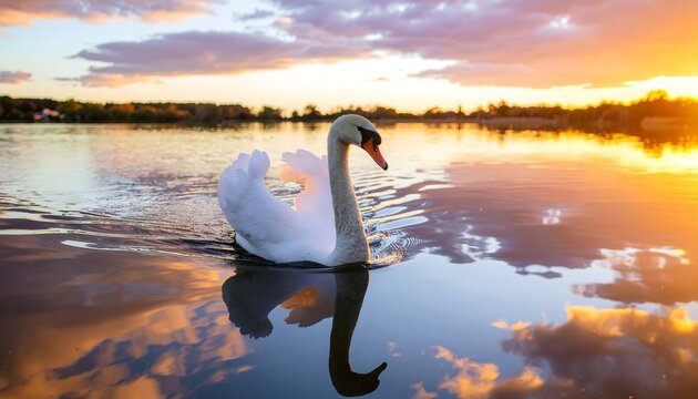 White swan glides on calm lake during sunset, with vivid sky colors and clear water reflection. - Powered by Adobe