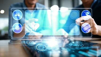Close up of hands interacting with a virtual touchscreen, displaying holographic data and advanced analytics. The image represents innovation, teamwork, and cutting edge business technology - Powered by Adobe