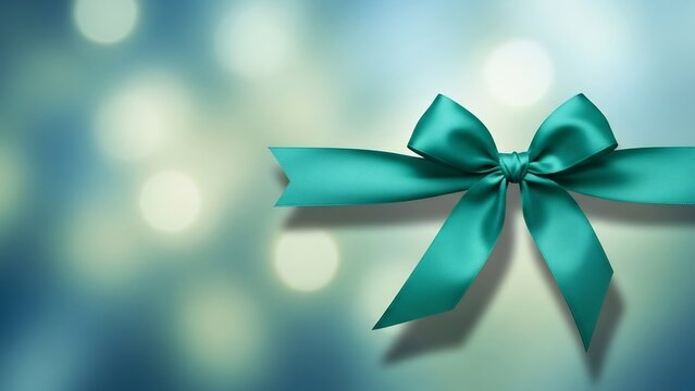 Elegant teal satin ribbon bow creating a festive and celeintimate appareltory atmosphere against a soft bokeh background