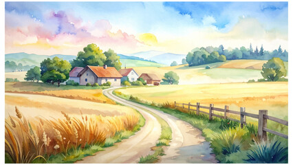 水彩風に描かれた穏やかな田舎の風景