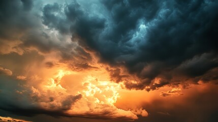 Fototapeta premium 100.A captivating contrast between the warmth of a fading sunset and the cool, ominous presence of an incoming storm, where glowing cloud edges catch the last light of day before darkness settles in.
