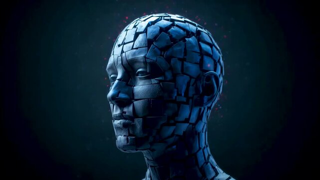 Blue metallic humanoid head with segmented surface texture shown in profile against dark background