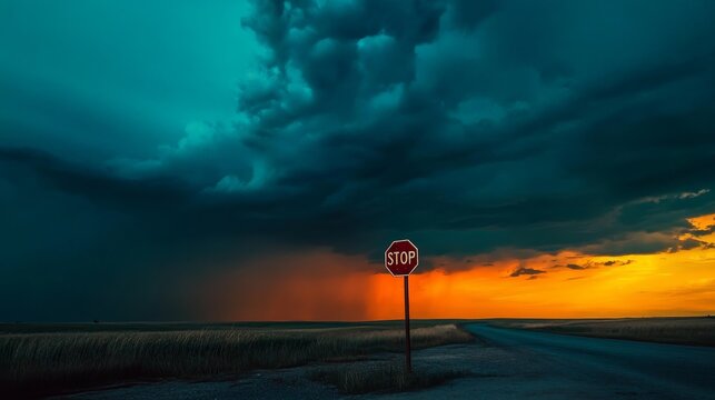 50.A cinematic moment at a countryside crossroads, where a lone stop sign stands against the backdrop of an approaching summer storm, the sky a dramatic mix of deep blue and orange.