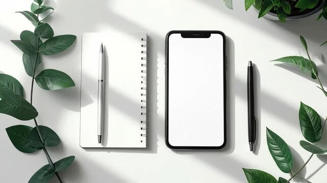 Overhead View of Smartphone with Blank Screen, Notebook, and Pens on White Desk with Greenery.
