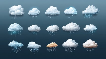 36.A collection of highly detailed weather icons featuring various cloud types, including rain clouds with falling droplets, thunderstorm clouds with jagged lightning bolts, and fluffy snow clouds