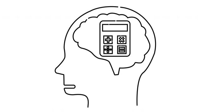 Head outline containing a brain outline with calculator displaying math symbols