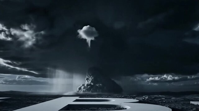 Giant Bitcoin Logo under Massive Storm Cloud, Lightning Strike Disaster
