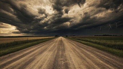 48.A deserted rural crossroads under a darkening summer sky, with massive storm clouds rolling in, the wind whipping dust across the pavement as lightning flickers in the distance.
