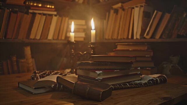A Warm, Dimly Lit Library Desk Covered With Stacks of Old Leather-Bound Books and Candles
