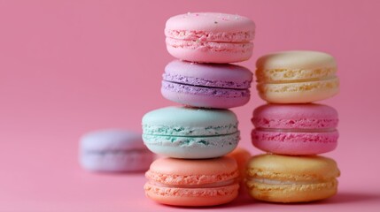 Obraz premium Colorful macarons stacked on a pink background for a sweet dessert display