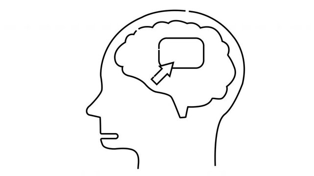 A simple line drawing of a human head with a brain containing a rectangle pointed at by an arrow