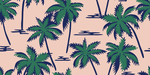 Tropical seamless pattern with hand drawn palm trees. Hawaiian florals summer background for fabric, textiles, clothing, poster, cover, decoration, banner, wallpaper, interior. Vector illustration.