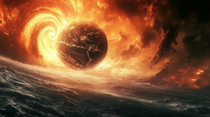 Obraz premium 3.A futuristic digital art representation of global warming, featuring an Earth partially covered in wildfire smoke, with swirling hurricanes forming over the oceans, emphasizing the extreme climate