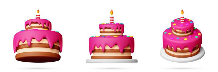 Three 3d cartoon birthday cake with pink cream and candle on top. Party celebration dessert for holiday greeting card. Creative rendering vector illustration