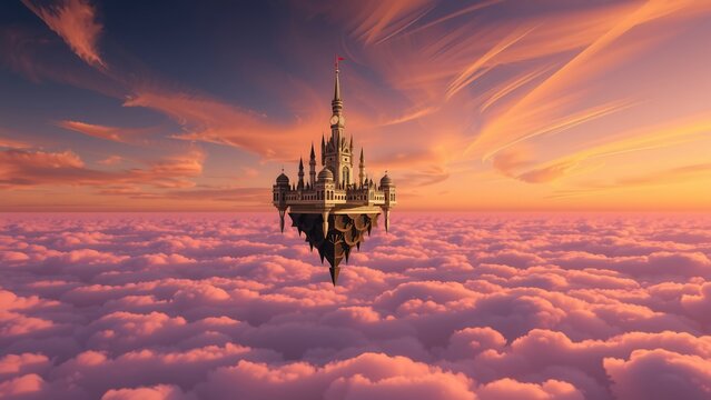 A fantastical castle floats above a sea of pink clouds bathed in the warm glow of a sunset. - Powered by Adobe
