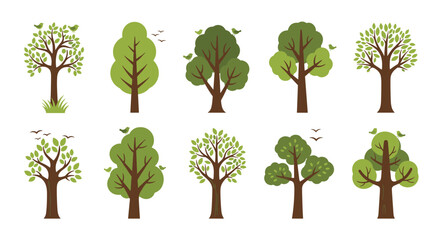 Obraz premium Diverse collection of stylized green trees with brown trunks and leafy canopies, some with birds, illustrating nature's variety.