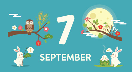 Fototapeta premium An adorable autumn illustration for September 7th, featuring an owl, bunnies, traditional Japanese flowers, a full moon, and dango, representing the harvest season.