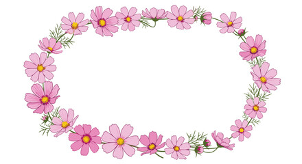 Pink cosmos flower oval frame with delicate green leaves on a white background, perfect for spring and summer designs.