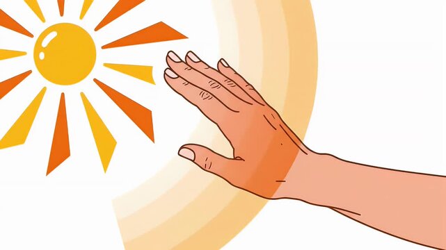 Hand shielding face from bright sun protecting from warm light and solar rays