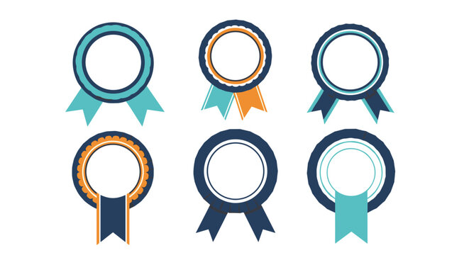 Flat design vector illustration of six unique award and quality guarantee badges with various ribbon styles.