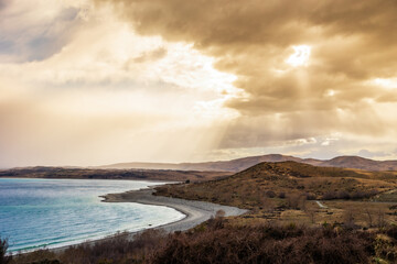 New Zealand, South Island, sunset, landscape, lake, sea, sunlight, sun rays, clouds, hills, mountains, sunrise