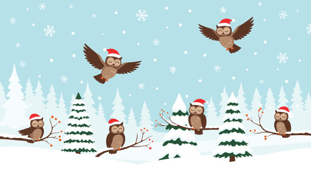 Playful winter forest scene showing wise owls wearing Santa hats perched on frosty branches beneath gently falling snow and evergreen trees.