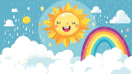 Fototapeta premium 55.A playful weather-themed illustration with a smiling sun peeking behind fluffy clouds, an angry thundercloud with bold lightning bolts, and a whimsical rainbow arching across the sky.