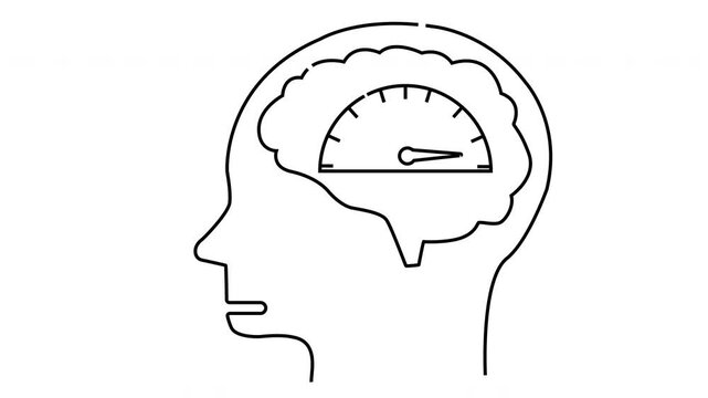 A line drawing showing a profile of a head with a brain containing a speedometer