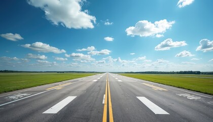 Fototapeta premium Empty airport runway stretches into horizon under bright blue sky with clouds. Asphalt strip marked with yellow and white lines awaits aircraft for travel. Green fields flank the path.