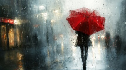 46.A poetic and artistic depiction of a woman holding a bold red umbrella on a windswept city street, raindrops starting to form on the pavement as she braces herself against the coming storm.