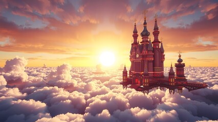 A fantastical castle floats amongst the clouds during a sunset, creating a serene and dreamlike atmosphere.