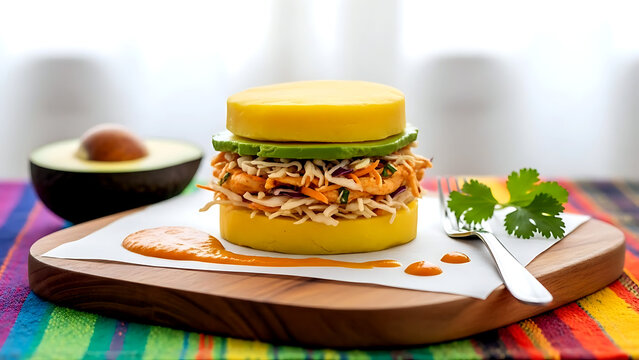 Still life, Rustic farmhouse style of Peruvian causa rellena layered with yellow potato, avocado, and a filling of spicy shredded cabbage and chicken, with aji amarillo sauce drizzle 