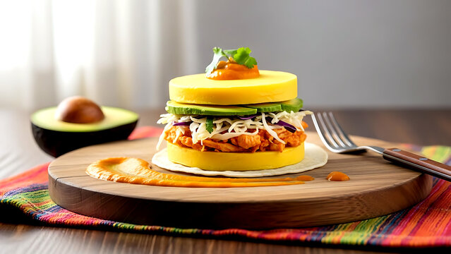 Still life, Rustic farmhouse style of Peruvian causa rellena layered with yellow potato, avocado, and a filling of spicy shredded cabbage and chicken, with aji amarillo sauce drizzle 