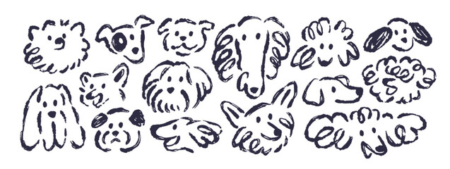 Dogs, charcoal sketch drawings set. Chalk scribbles, funny puppy heads. Outline hand-drawn line art doodles, cute canine animals in whimsical sketchy style. Creative handdrawn vector illustrations