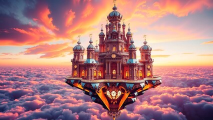 A fantastical floating castle ascends above a sea of clouds at sunset, exuding a magical ambiance.