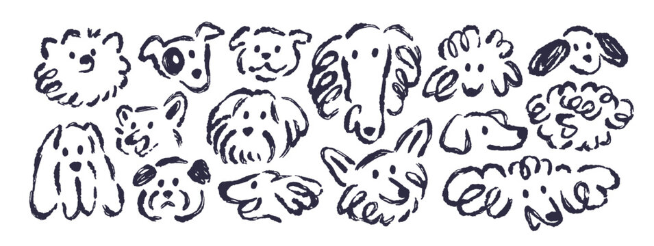 Dogs, charcoal sketch drawings set. Chalk scribbles, funny puppy heads. Outline hand-drawn line art doodles, cute canine animals in whimsical sketchy style. Creative handdrawn vector illustrations - Powered by Adobe