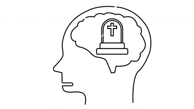 A line art head profile contains a brain shaped like a grave marker with a cross
