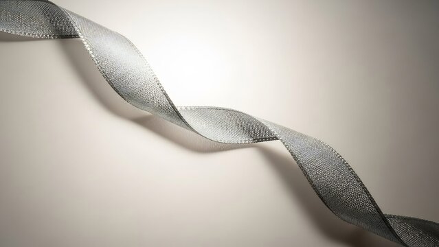 Silver ribbon with a subtle woven texture and delicate metallic threads, elegantly dd and flowing across a soft, neutral background.