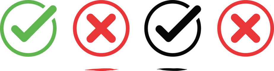 Correct and incorrect icon set, decision symbol vector pack, editable, isolated, green, red, black design, UI feedback clipart