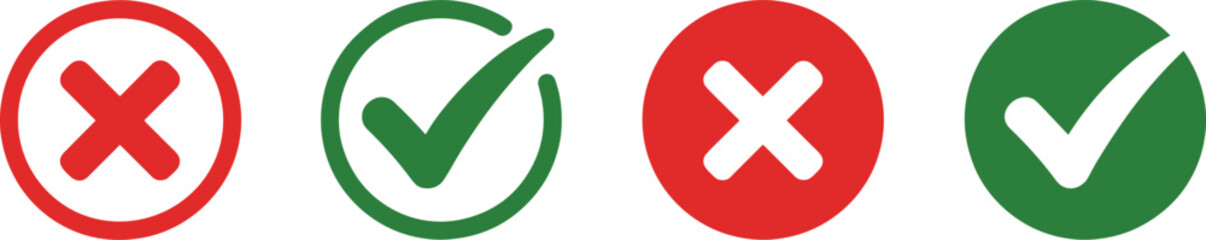 Obraz premium Decision icon set, correct and wrong symbols, editable, isolated, red and green design, UI vector pack, validation clipart