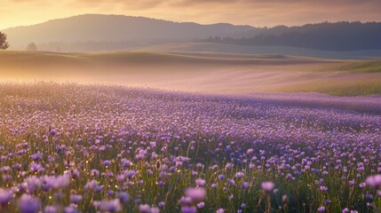 Fototapeta premium 110.A sprawling wildflower meadow covered in endless rows of soft, button-like purple Blazing Stars, bathed in the soft glow of morning light, with dewdrops glistening on the petals.