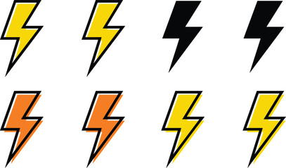 Lightning bolt icon set, energy symbol vector pack, editable, isolated, black, yellow, orange design, electricity clipart, power graphic