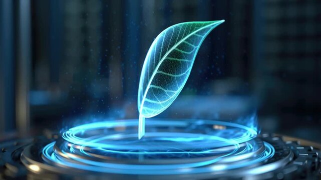 Futuristic leaf hologram industrial decarbonization green technology energy sustainability glowing blue circular platform