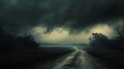 52.A tranquil summer road before the chaos of a storm, the air thick with humidity, the sky dark and foreboding, and the faint silhouette of a lone traveler seen in the distance.