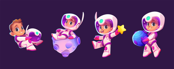 Cartoon vector illustration set astronaut in space