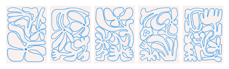 Abstract floral cards set in doodle whimsical style. Hand-drawn flower sketches, line art poster designs. Contoured outline scribbles, naive shapes. Modern nature pattern. Flat vector illustrations